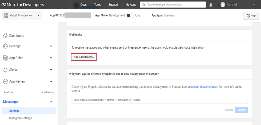 Copy Facebook Webhook URL