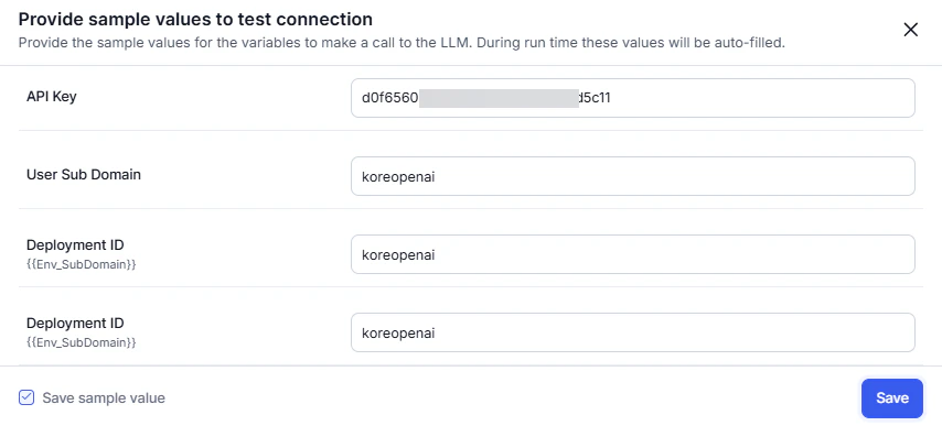 Test Connection sample values