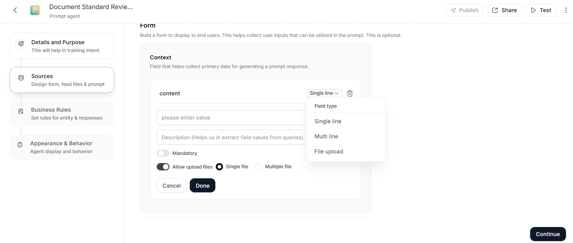 Field type selection