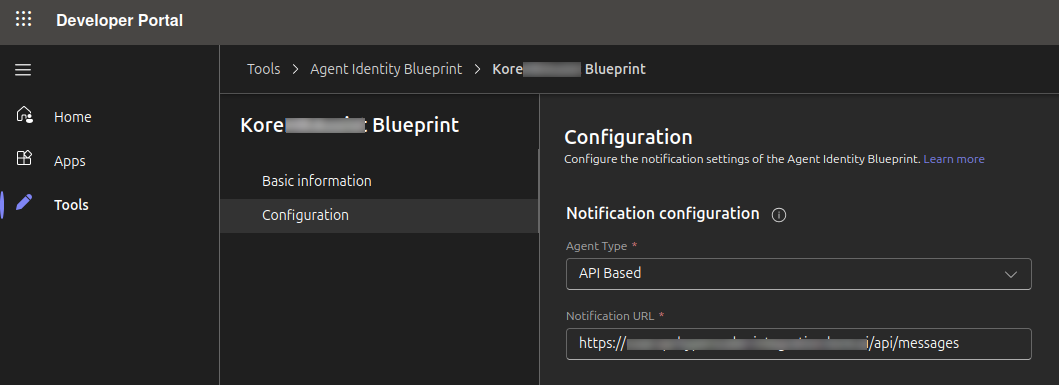Teams Developer Portal Configuration page with Connection type set to API Based and the backend URL entered