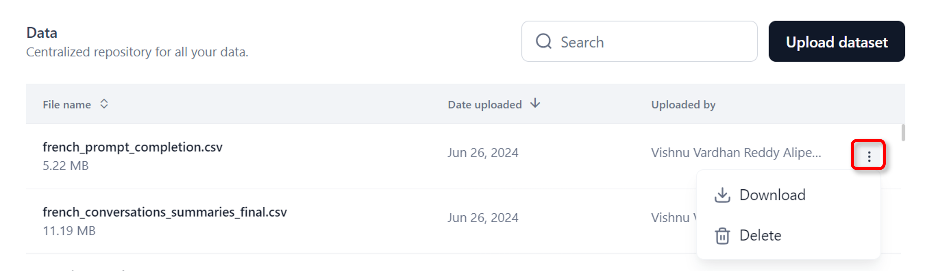 Download or delete a dataset