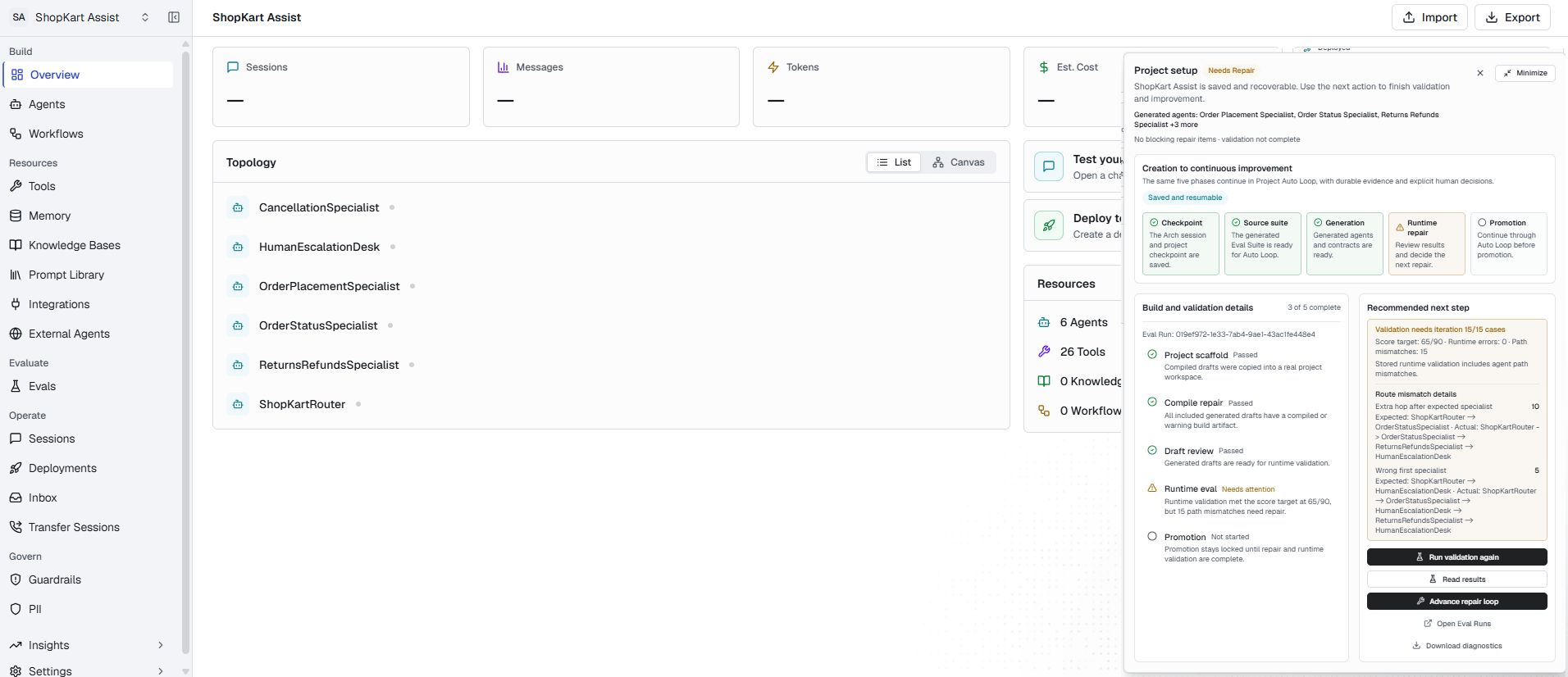 Project setup panel