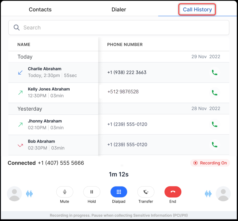 Call History Tab