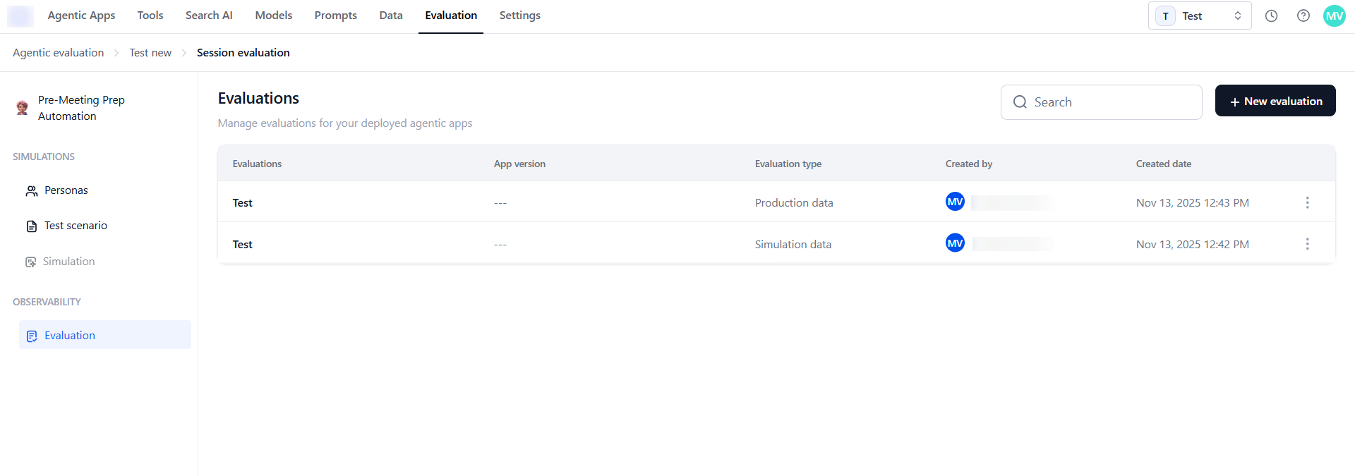 Evaluations listing