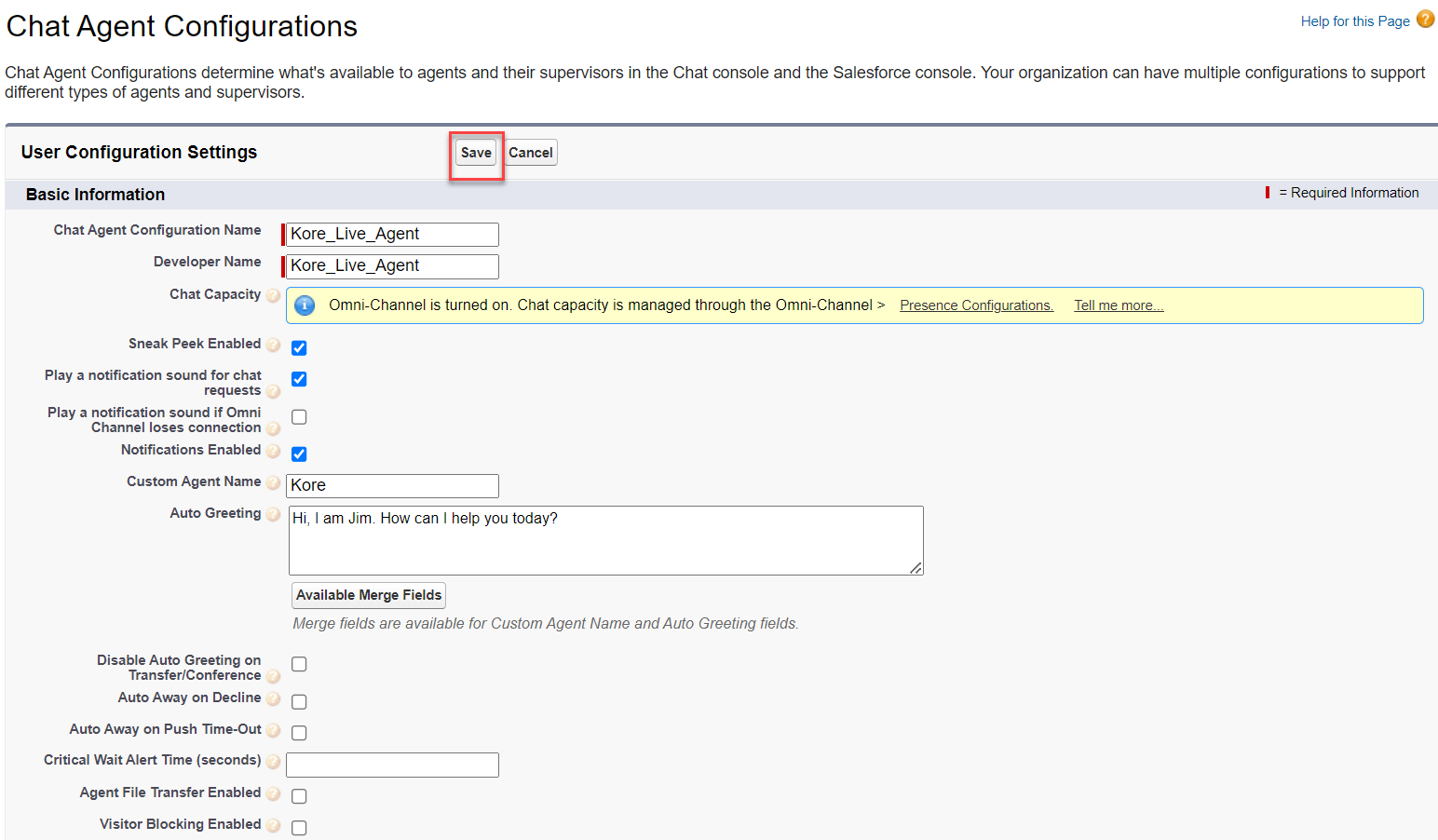 Save Live Agent configuration