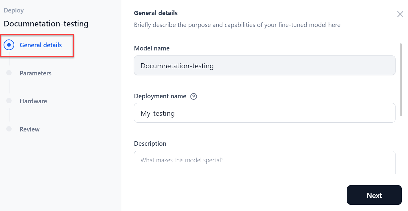 Deploy Fine-Tuned General Details Section