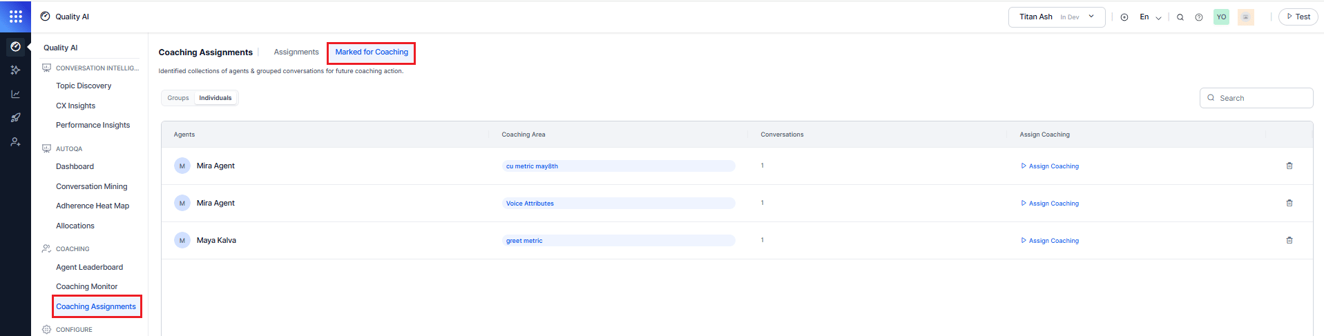 Marked for Coaching Tab