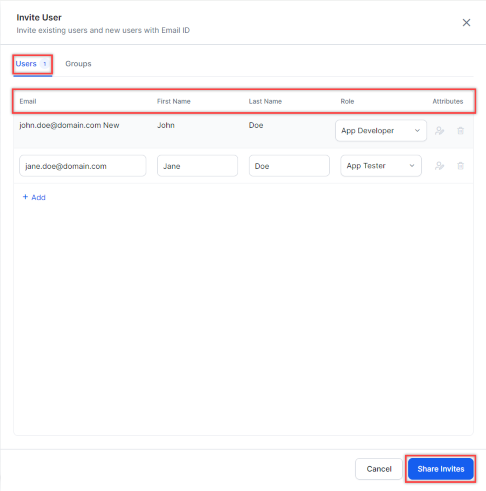 Invite User Window
