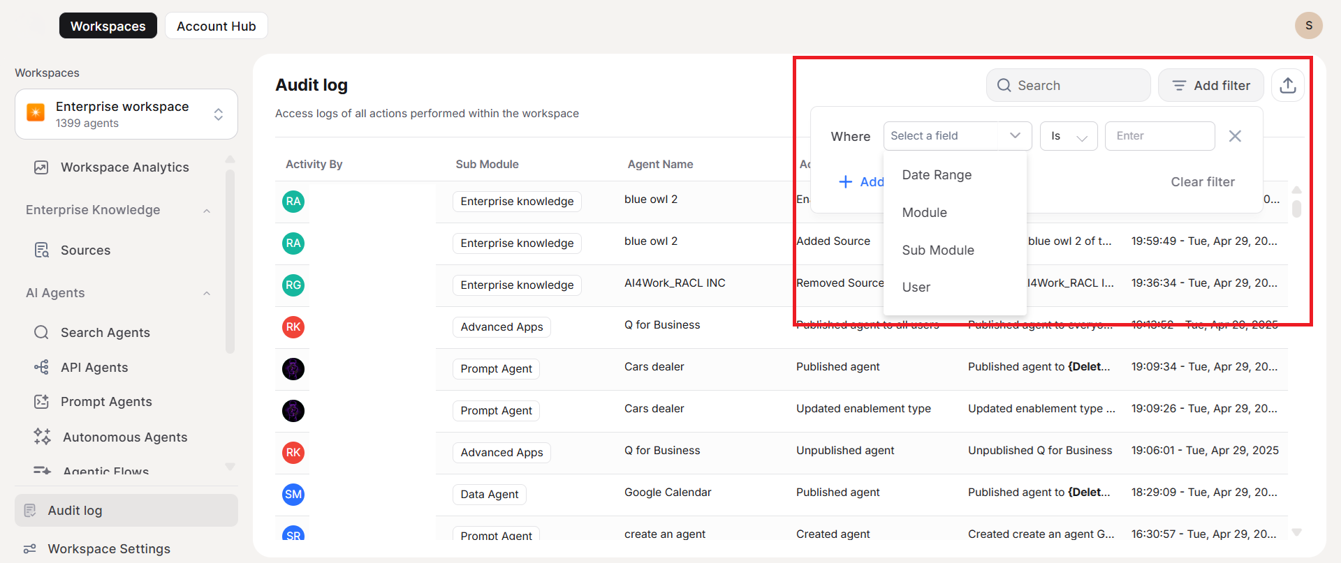 audit log filters