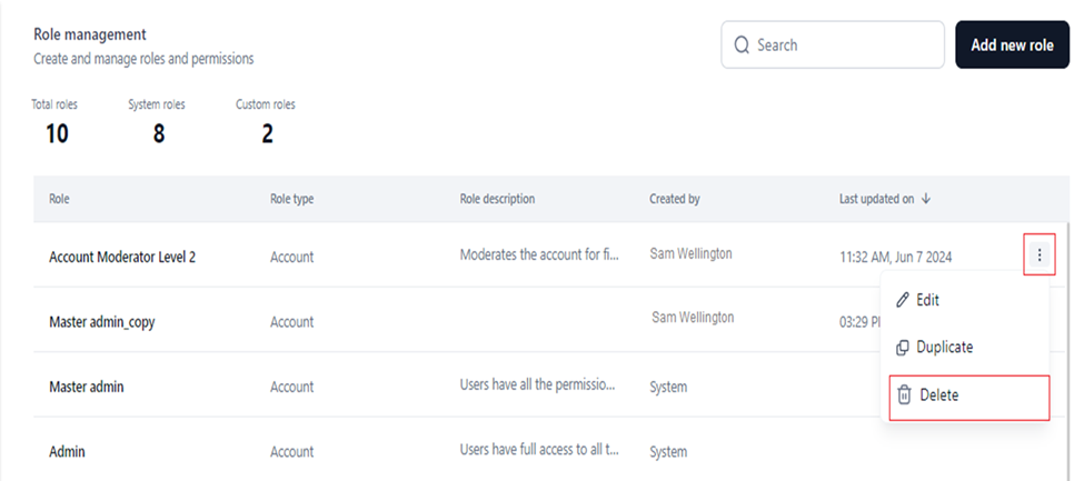 select delete role