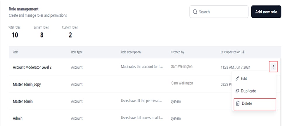 select delete role