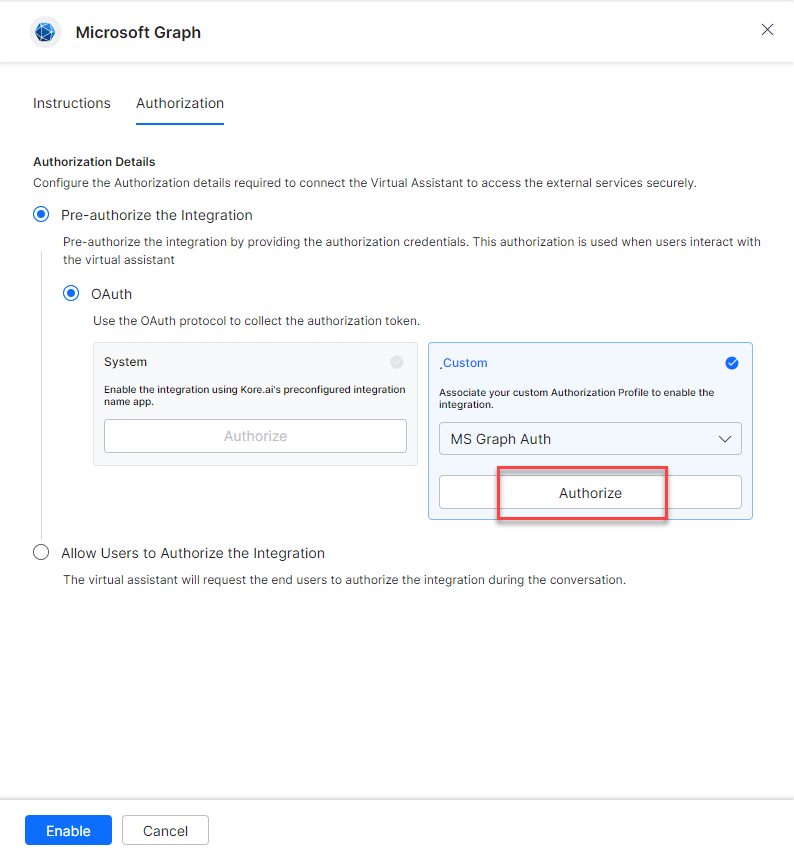 Select auth profile to enable integration