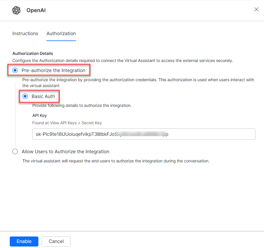 Auth Type and API Key