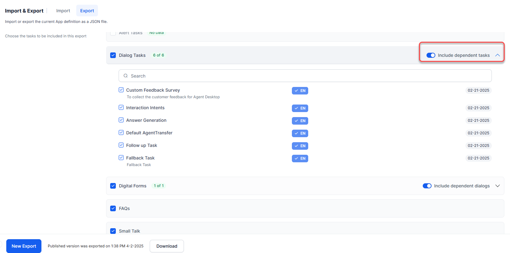 App export - dependent tasks