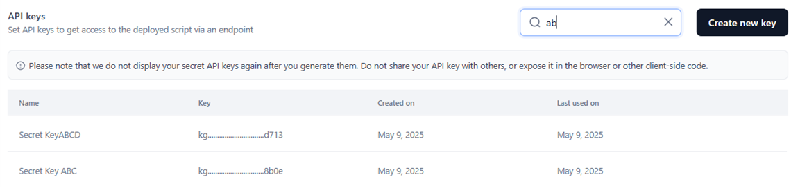api keys list