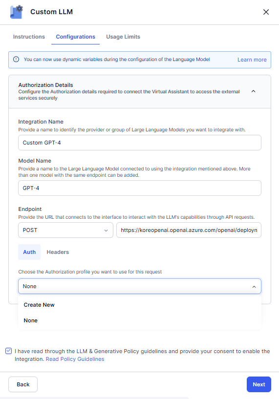 Custom LLM configuration