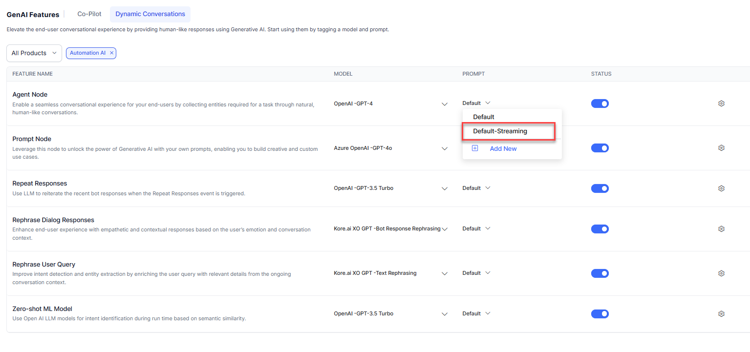 Default streaming prompt selection