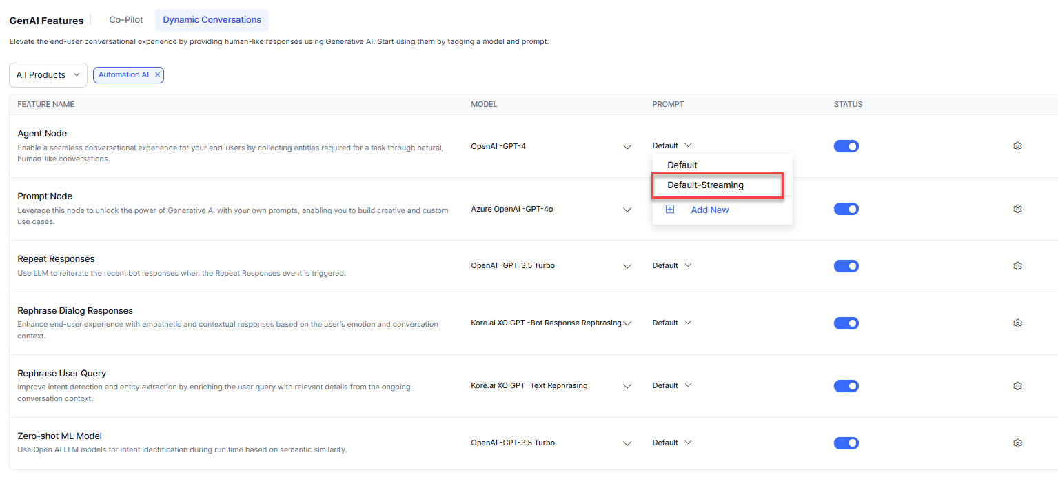 Default streaming prompt selection