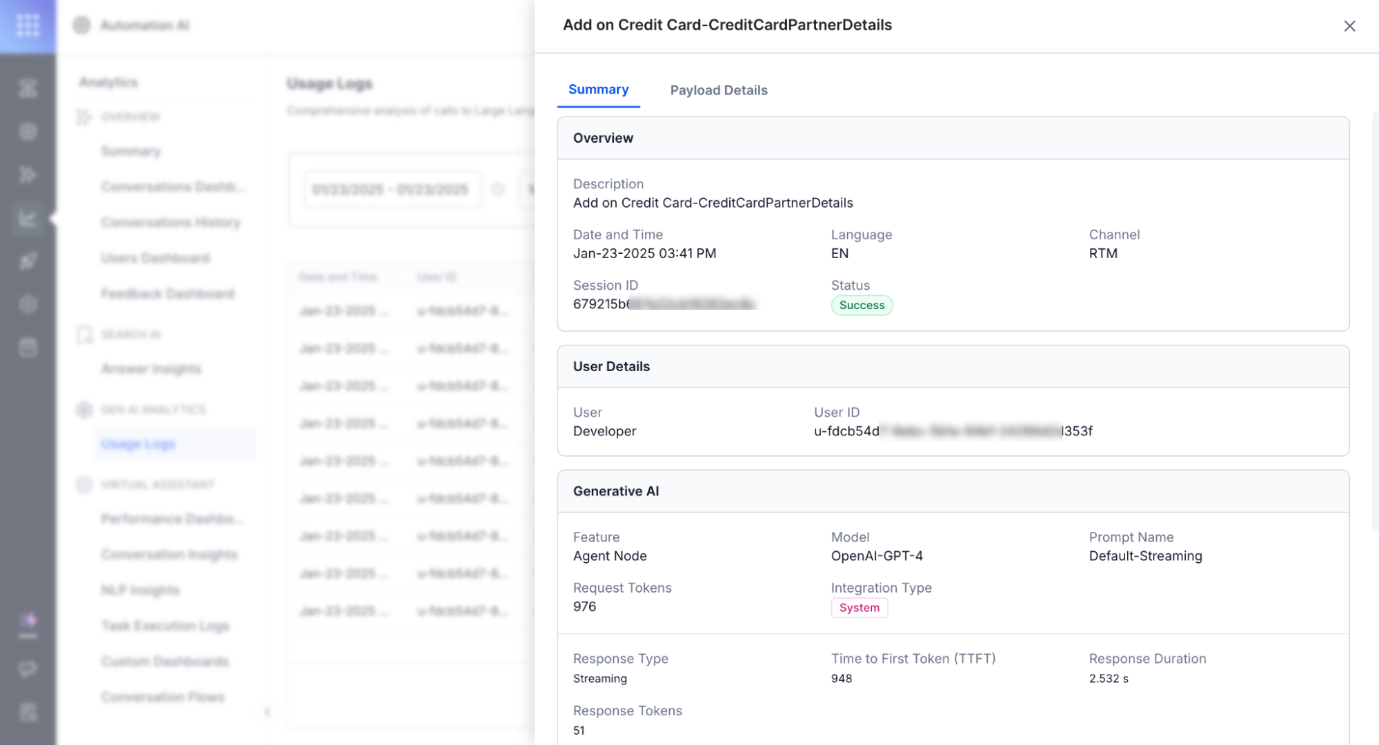 Streaming response detail view