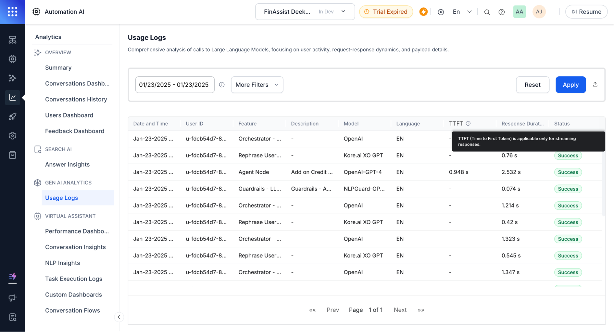 LLM Usage Logs with TTFT column