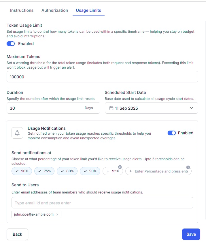 Token usage limit configuration