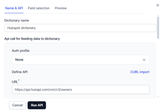 Name and API tab