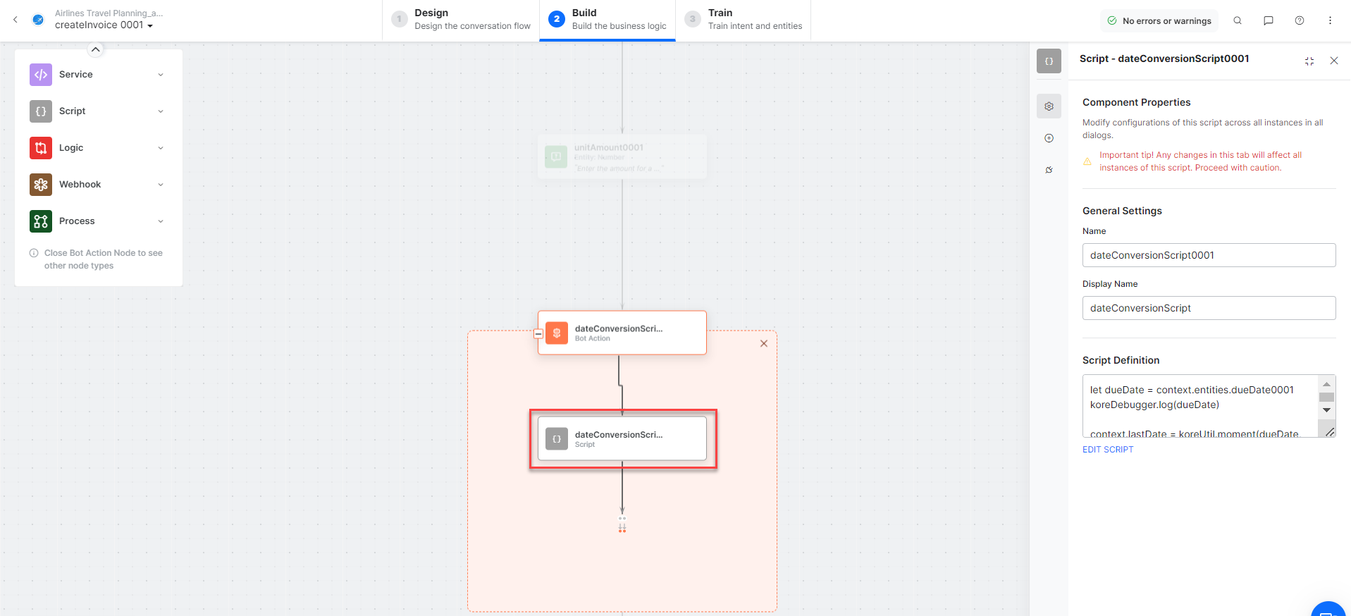 createInvoiceScript bot action component properties