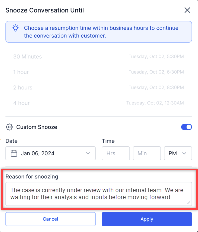 Reason for Snooze
