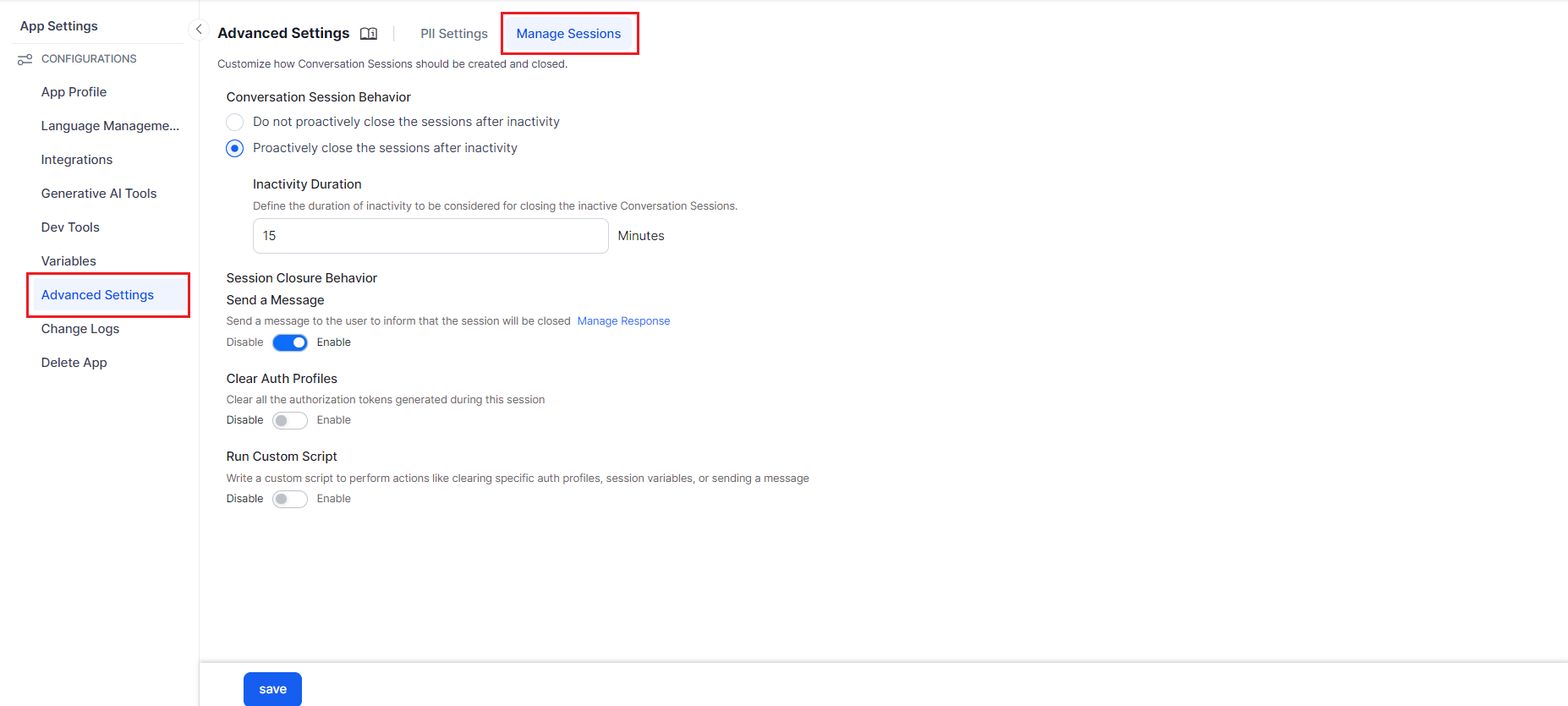 App Settings - Advanced Settings - Manage Sessions