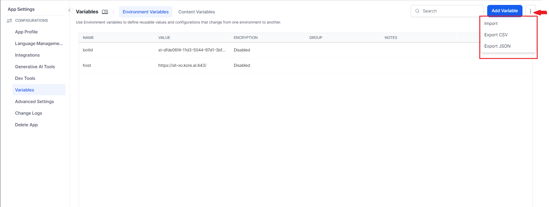 Bot variable import/export