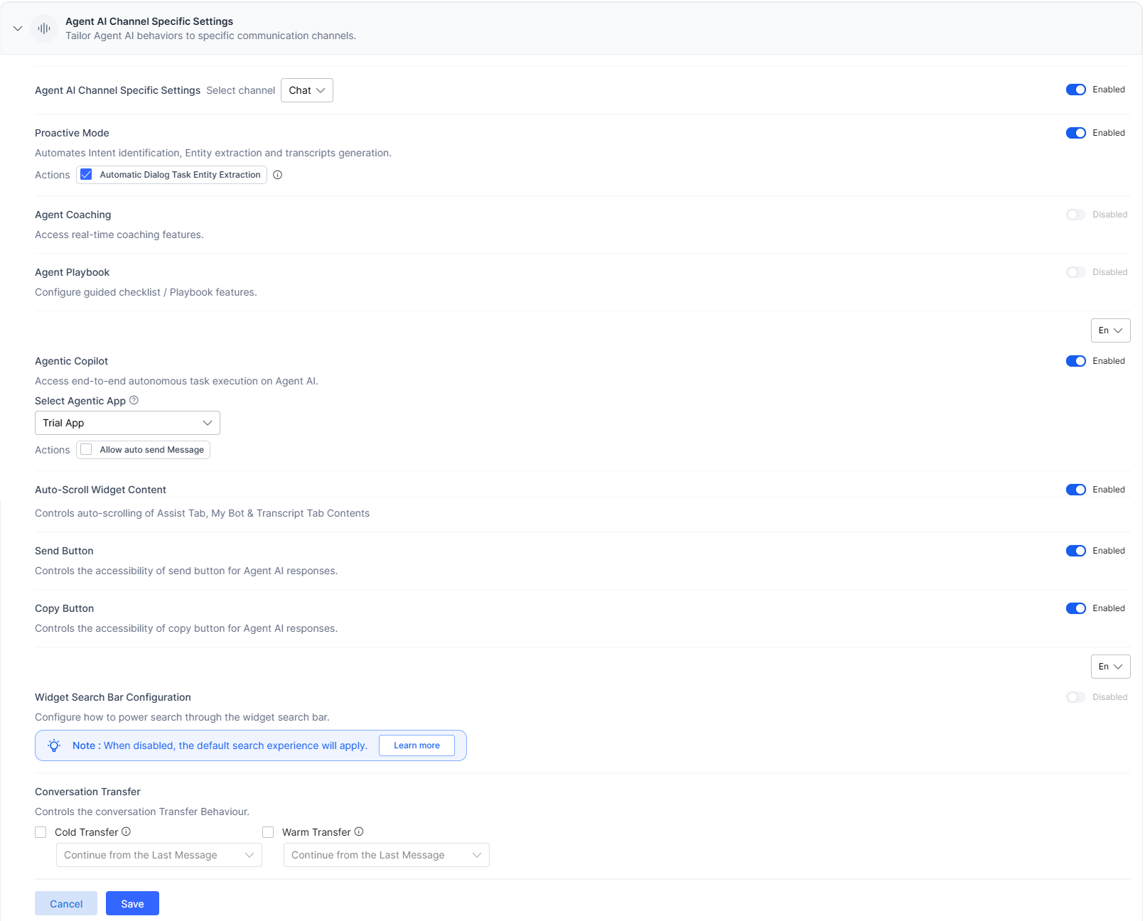Agent AI Channel Specific Settings