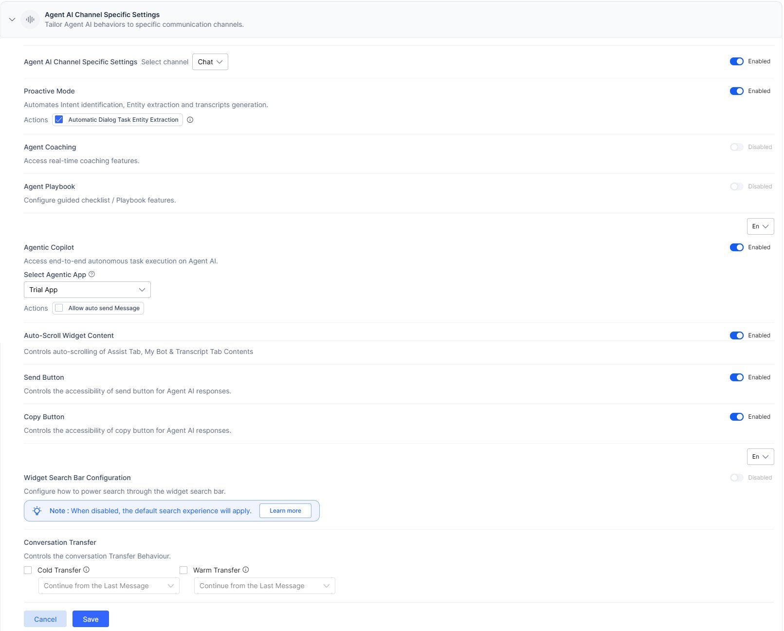 Agent AI Channel Specific Settings