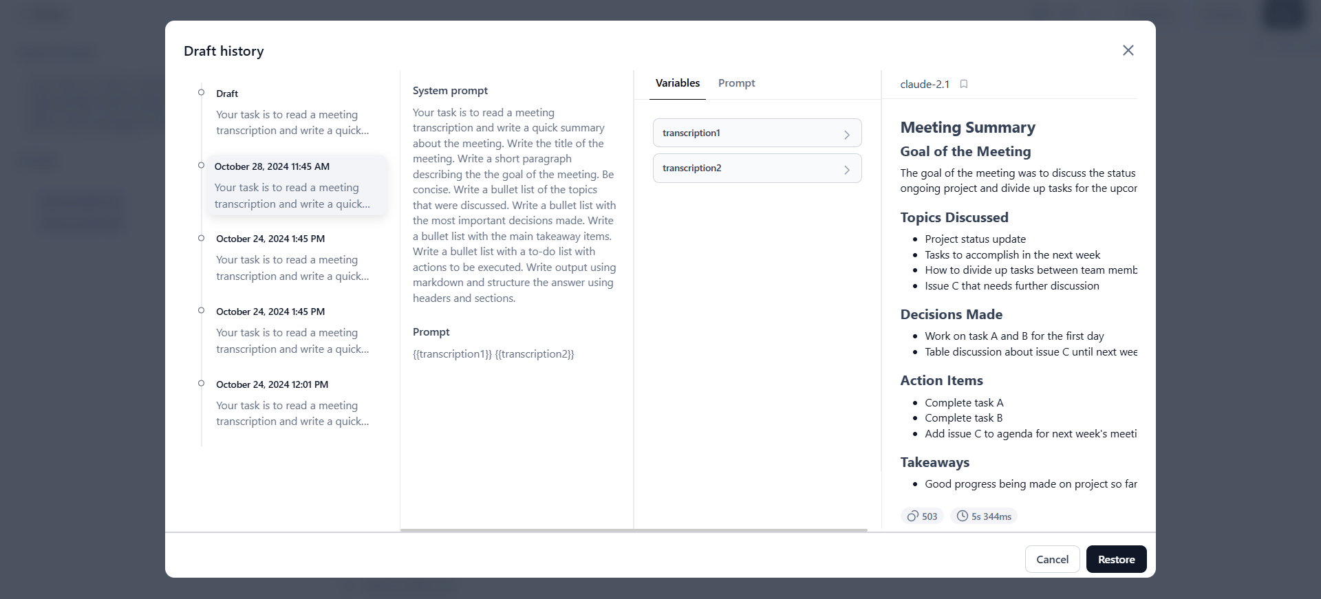 Draft history dialog