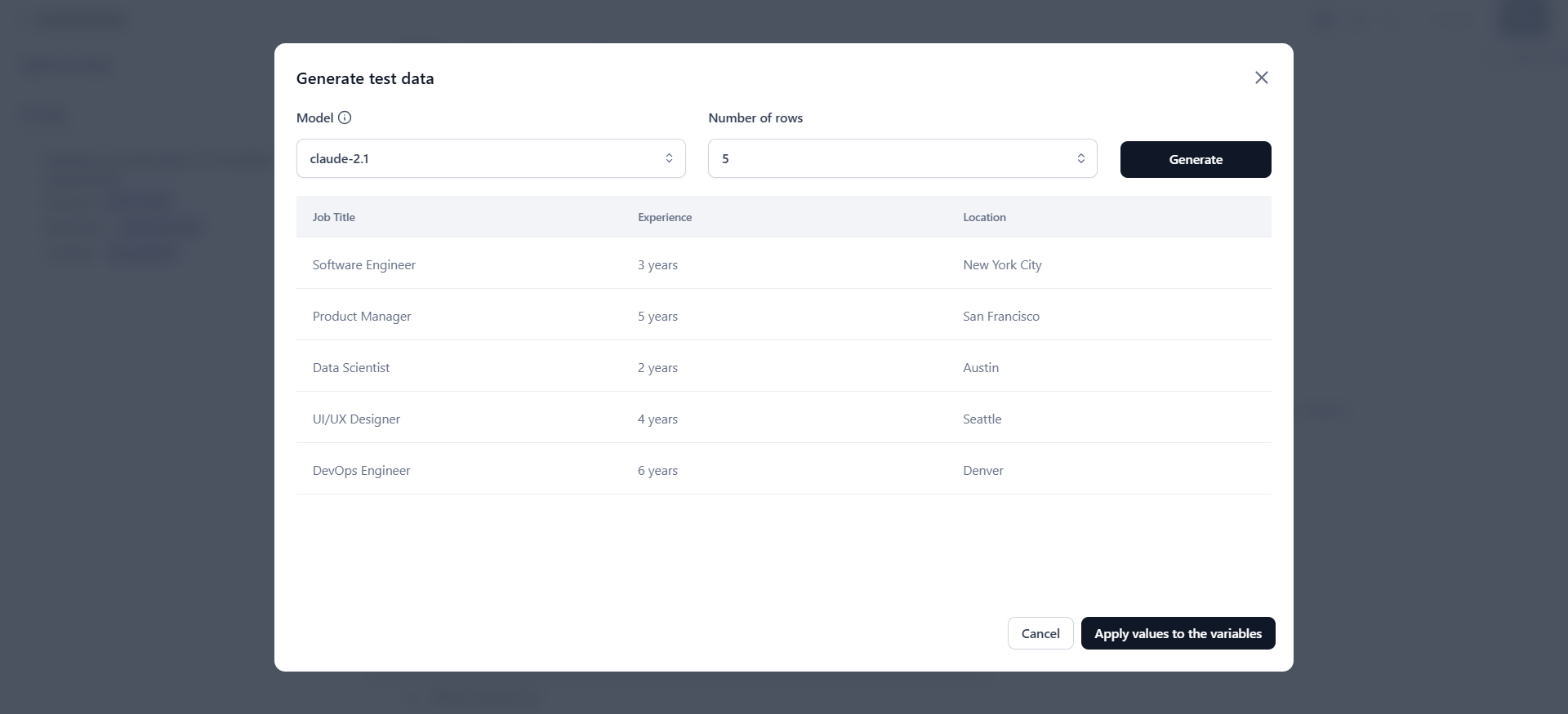 Generate test data dialog