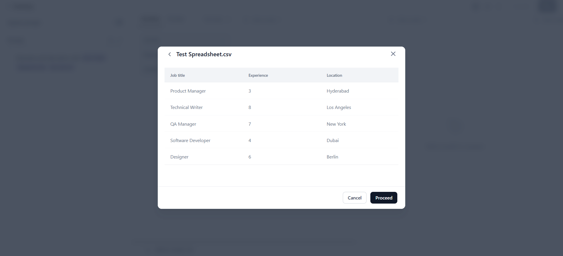 Import test data preview