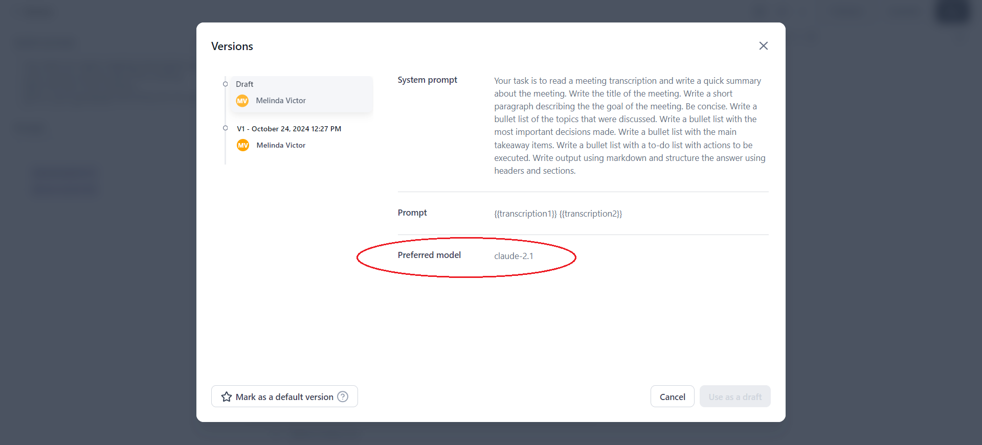 Versions dialog with preferred model