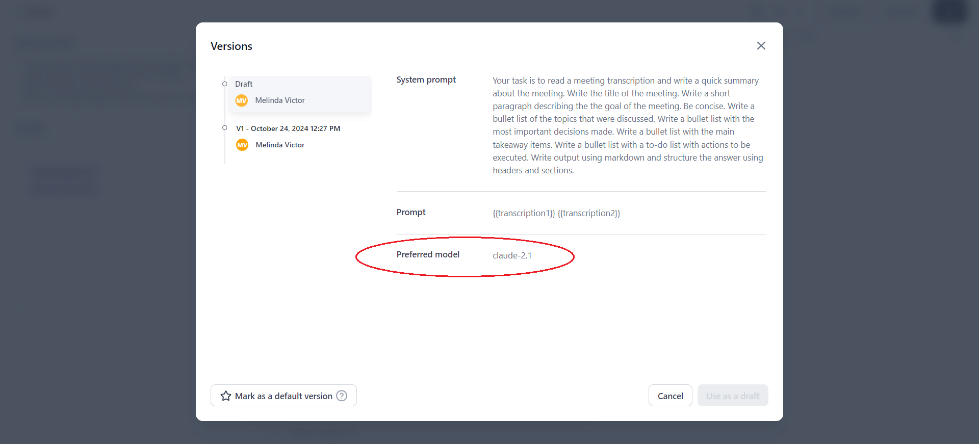 Versions dialog with preferred model