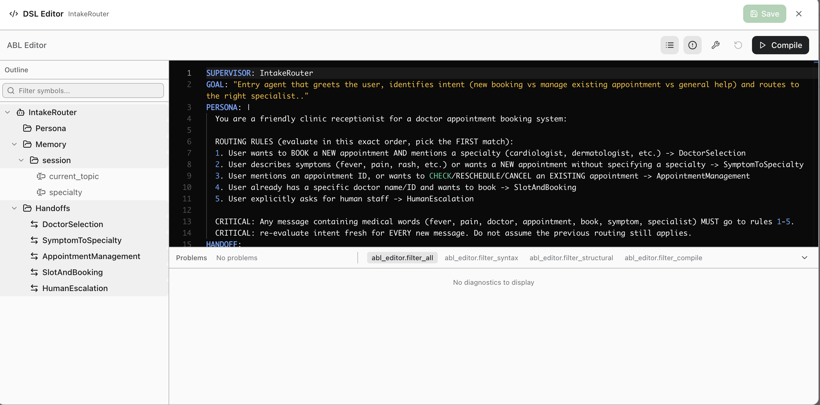 ABL Editor diagnostics panel