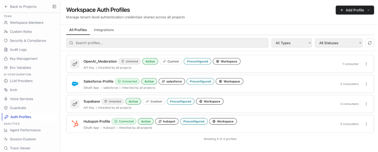 Auth Profiles page