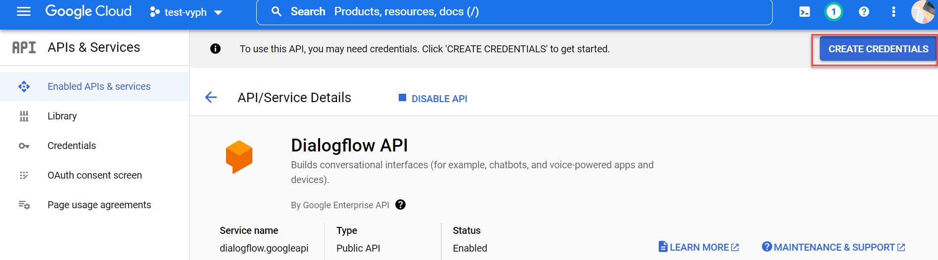 Click 'Create Credentials'