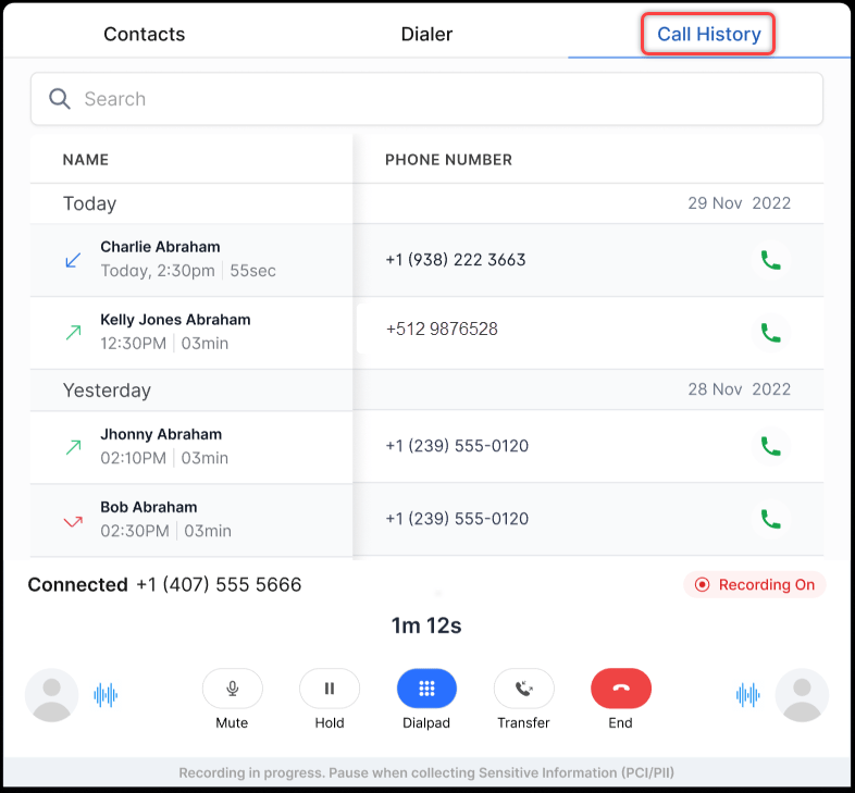 Call History Tab