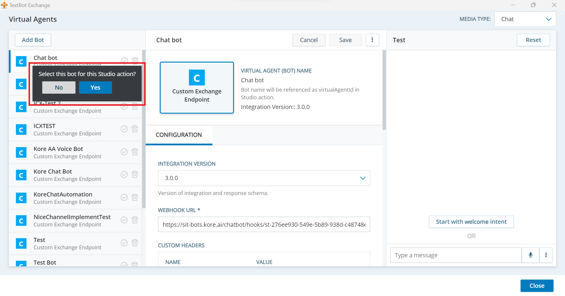 Select bot for studio action