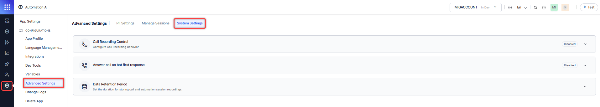 System Settings Page