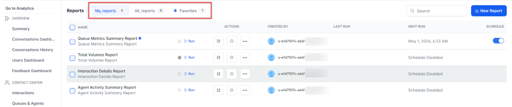 Reports Page Tabs