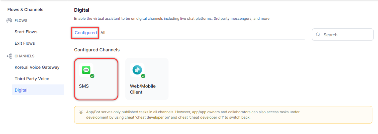 SMS Channel Configured