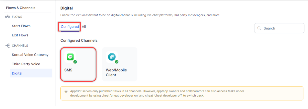 SMS Channel Configured
