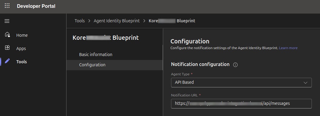 Teams Developer Portal Configuration page with Connection type set to API Based and the backend URL entered