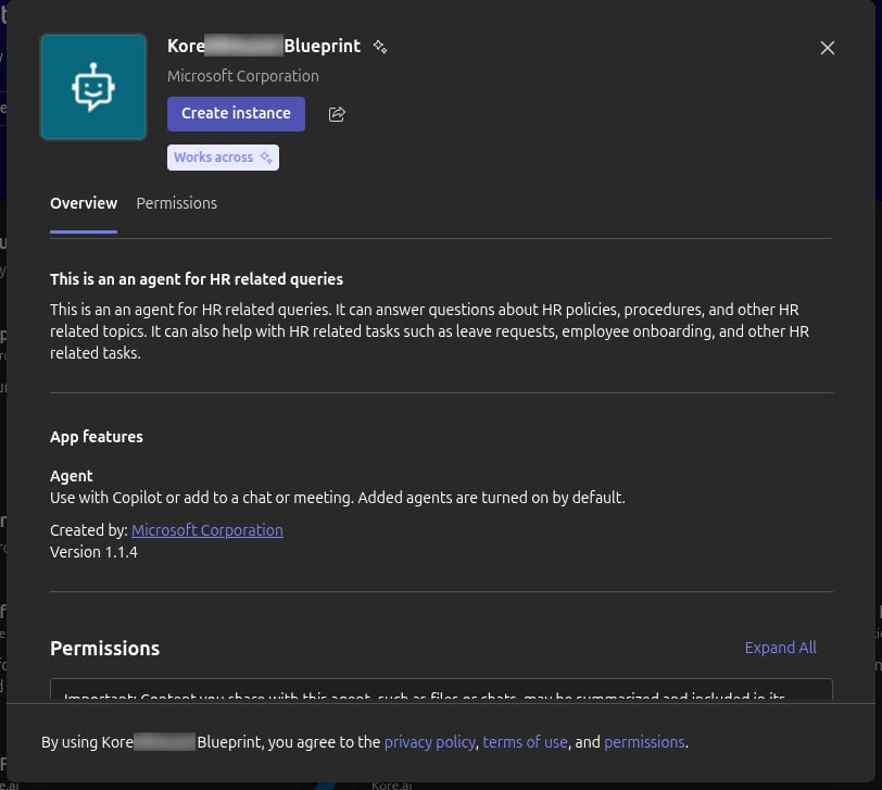Create Instance dialog for the agent in Microsoft Teams