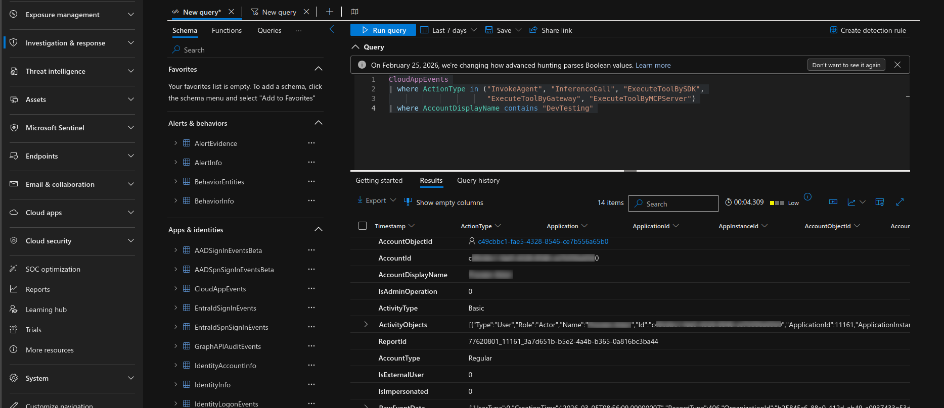 Advanced Hunting query results in the Defender portal showing agent activity events