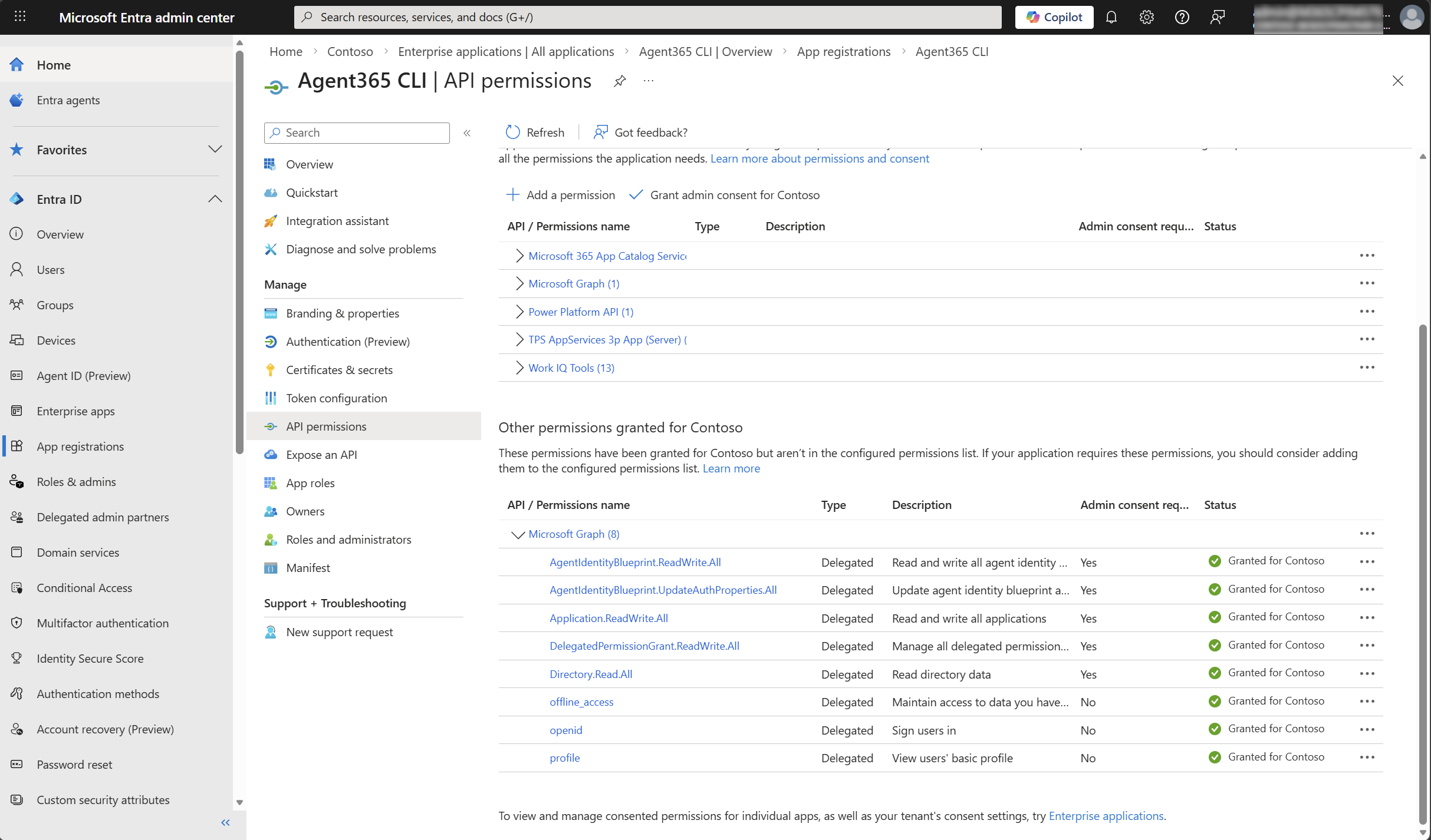 API permissions list showing the five delegated Microsoft Graph permissions